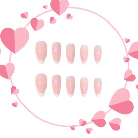 MISUD Press on Nails Medium Almond Fake Nails Glossy Glue on Nails White French Tip Acrylic Nails Stiletto Artificial Nails Pink Heart Stick on False Nails with Design 24 pcs