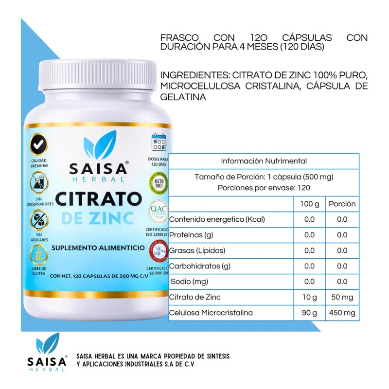 Citrato Zinc 120 Cáps Saisa Herbal Suplemento Alimenticio Alta Biodisponibilidad