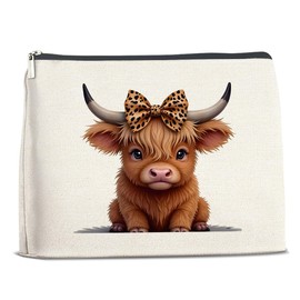 Nurawo Cute Highland Cow Makeup Bag Wild West Cosmetic Bags for Women Cattle Lovers Highland Cattle With Coquette Bow Makeup Pouch Western Cow Organizer Bag