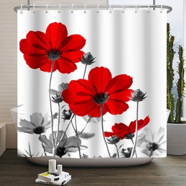 ZJRBJB Red Grey Floral Shower Curtain for Bathroom Decor Elegant Daisy Wildflowers Farmhouse Style Botanical Flower Vintage Bathroom Curtain with 12 Hooks,72x72 Inches
