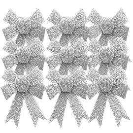 9PCS Luxury Christmas Bows, Snow White Tinsel Glittered Bows for Christmas Tree Decor, Small Size Bows for Xmas and New Year Parties Ornament Size-11cm
