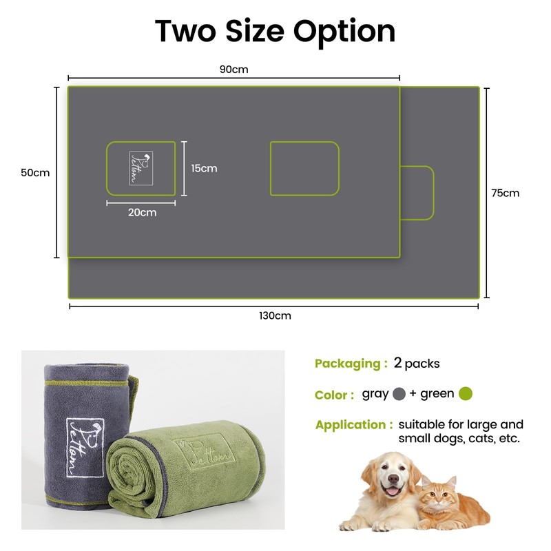 PETTOM Dog Towels for Drying Dogs 2 Pack Microfibre 90x50cm(35.43x19.69in)