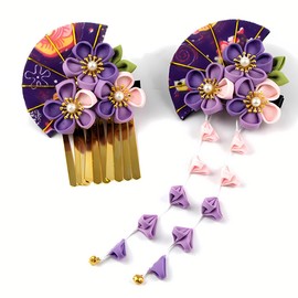2Pcs Womens Japanese Kimono Flower Hair Clips Tassel Hair Hairpins Traditional Kanzashi Hair Accessories Set