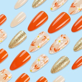 Almond Press on Nails Medium Fake Nails with Flower Designs Orange Nails Press ons Glossy Glue on Nails Glitter Fall Acrylic Nails Artificial Stick on Nails for Women 24Pcs