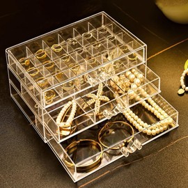 Jinavoty Earring Storage Box, Acrylic Jewellery Storage Box, Clear Earring Organiser Box with 3 Drawers for Women Girls (3 Drawers)