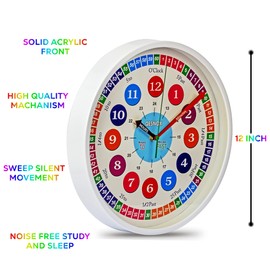 Qesnox Kids Wall Clock Time Teacher Children Wall Clock Silent Non Ticking. Wall Clock for Kids Bedroom, Office Clock. Clock to Teach, Read and Learn to tell the Time. (35CM)