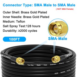 YOTENKO RG58 Coaxial Cable 100FT SMA Male to Male Cable, SMA Male Adapter Antenna Cable Extension, 50 ohm Coax Low Loss for LAN RTL SDR Dongle ADS-B GPS Receiver