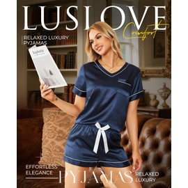 LUSLOVE Women Pajama Set Satin - Soft Silk V-Neck Top Sleepwear & Loungewear Two-Piece Bride PJs Set Comfortable Nightwear DarkBlue M