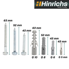 Hinrichs 417-piece screw dowel set - storage case with dowel set in 4 sizes total 204 pieces + screw set in 9 sizes total 213 pieces - dowels