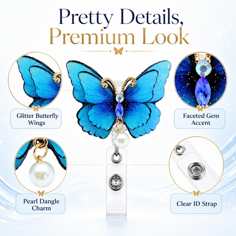 Pearl Butterfly Badge Reel Holder Shinny Glitter Retractable ID Card