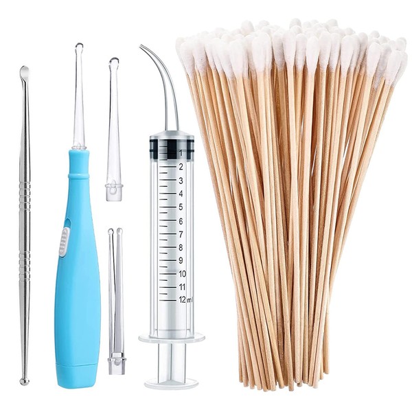 Tonsil Stone Removal Set Includes 1 Tonsil Stone Remover with LED Light, 1 Stainless Steel Tonsil Stone Removal Tool, 1 Curved Irrigator Syringe and 100 Long Swabs to Get Rid of Bad Breath
