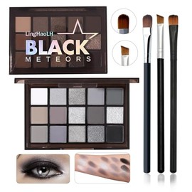 Paleta De Sombras De Ojos Ahumadas En Negro Y Gris, 15 Colores Mate, Brillantes Y Pigmentadas, Incluye 3 Brochas Para Sombras De Ojos, Paleta De...   
