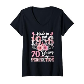 Womens 70 Years Old Born In 1956 Floral 70th Birthday Gifts Women V-Neck T-Shirt
