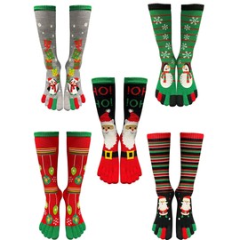 Haconba 5 Pairs Christmas Socks with Toes Xmas Five Toes Socks Funny Cartoon Five Finger Stocking Stuffers Christmas Socks for Boys Girls Women Winter Autumn Christmas