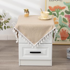 YZKITM Small Square Tablecloth Solid Beige Fabric Tassel Bedside Table Cover Farmhouse Decorative Washable Table Cloth for Kitchen Dining Party End Table 24 x 24 Inch