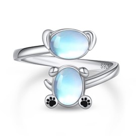 Dog Ring 925 Sterling Silver Adjustable Open Ring Synthetic Moonstone Ring Cute Animal Dog Jewellery Gift for Girls Women, Sterling Silver, Cubic Zirconia
