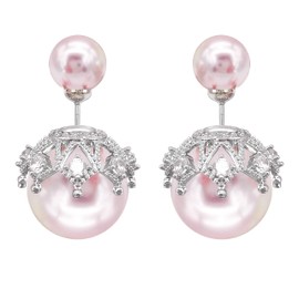 Hiqmic 925 Sterling Silver Post Fashion Double-sided Pearl Ear Stud Earrings White Gold Plated Jewelry Gifts for Women, WA90109-S Light Pink