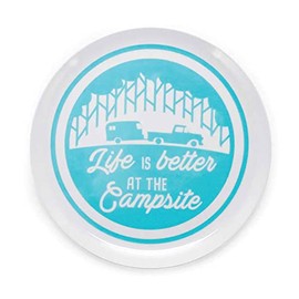 Camco Life is Better at The Campsite Large Dinner Plate - White with Teal and Navy Retro RV, Camper, and Trailer Print, BPA Free, Melamine (53227)