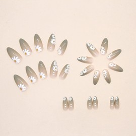 JUSTOTRY 24 Pcs Floral Oval Short False Nails Pattern,Lime Green French Press on Nails,Fake Nails Short with Nail Glue,Matte Almond Medium Stick on Nails for Women,Nails Fake Nail for Nails Art