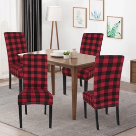SearchI Fundas navideñas para sillas Juego de 4, elásticas para Sillón sin reposabrazos de Navidad, Removibles y Lavables, Fundas para Silla Parsons Comedor, decoración navideña(Cuadros Negro/Rojo)