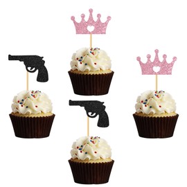 MonMon & Craft Guns or Glitter Cupcake Toppers/Guns or Crowns Cupcake Toppers/Gender Reveal Party Cupcake Decorations - Boy or Girl Cupcake Toppers Glitter 24 Pcs
