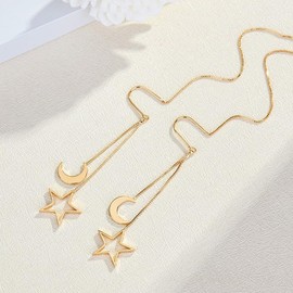 Tassel Moon Star Threader Drop Dangle Earrings for Women Elegant Hollow Star Long Chain Hanging Earrings Minimalist Dangling Hypoallergenic Piercing (Golden, One size)
