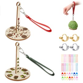 2Pack Portable Wrist Yarn Holder, Wooden Yarn Organizer Stand with Wrist Strap, Wrist Yarn Ball Holder Stand and 4 Crochet Rings 20 Plastic Needles Knitting Supplies for Craft Lover