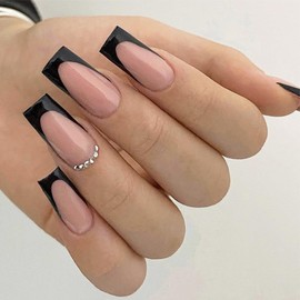 French False Nail Tips - 24Pcs Full Cover False Long Press on Nails - Black Square Stick on Nail - French Fake Artificial Nails for Women and Girls Nail Art