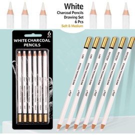 Ccomage 6Pcs Professional White Charcoal Pencils Drawing Set, Soft & Medium-Hard Sketch Highlight White Pencils for Drawing, Sketching, Shading, Blending, Painting Art Supplies White Chalk Pencils