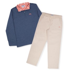 Tommy Bahama Boys Pullover Quarter-Zip Long-Sleeved Sweater & Pants Set, Casual 2-Piece Summer Outfit for Kids (Dark Denim/Beige, Size 5/6)