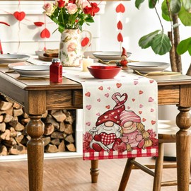Niviy Valentines Gnome Table Runner 13 x 48 Inch, Plaid Stripes Farmhouse Dining Table Decor, Seasonal Anniversary Kitchen Dining Table Decoration for Indoor Home Party