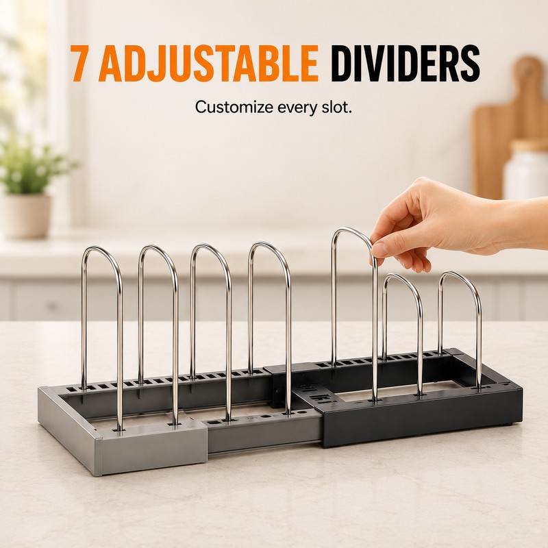 Expandable Kitchen Cabinet Organizer with 7 Adjustable Stainless Steel Dividers