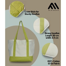 MINIMARG Heavy Duty 100% Cotton Canvas Tote Bag With Zip and external pocket, Suitable for Daily Grocery, Travel, Shopping, Events and Gifts, Sturdy Reusable women Beach Bag (Natural/Parrot)