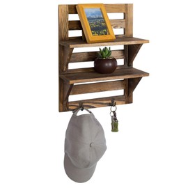 MyGift Wall Mounted Dark Brown Wood 2-Tier Floating Shelf Rack with 2 Key Hooks