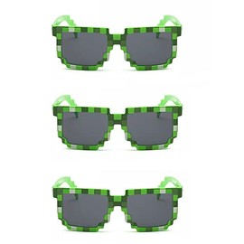 Kizrr - Adult/Kids Size - [3 Pack] Green 8-Bit Pixel Pixelated Gamer Sunglasses - Retro Geeky Thug Life…