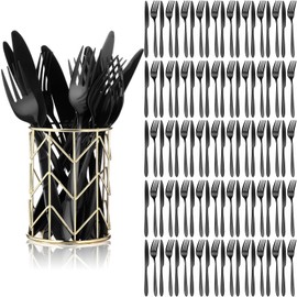 Nuenen 100 Pcs Stainless Steel Forks Dinnerware Set, Dinner Forks and Dinner Knives Flatware Set Tableware Cutlery Set for Butter Kitchen Restaurant Hotel Home, Dishwasher Safe (Black,9.06", 8.07")