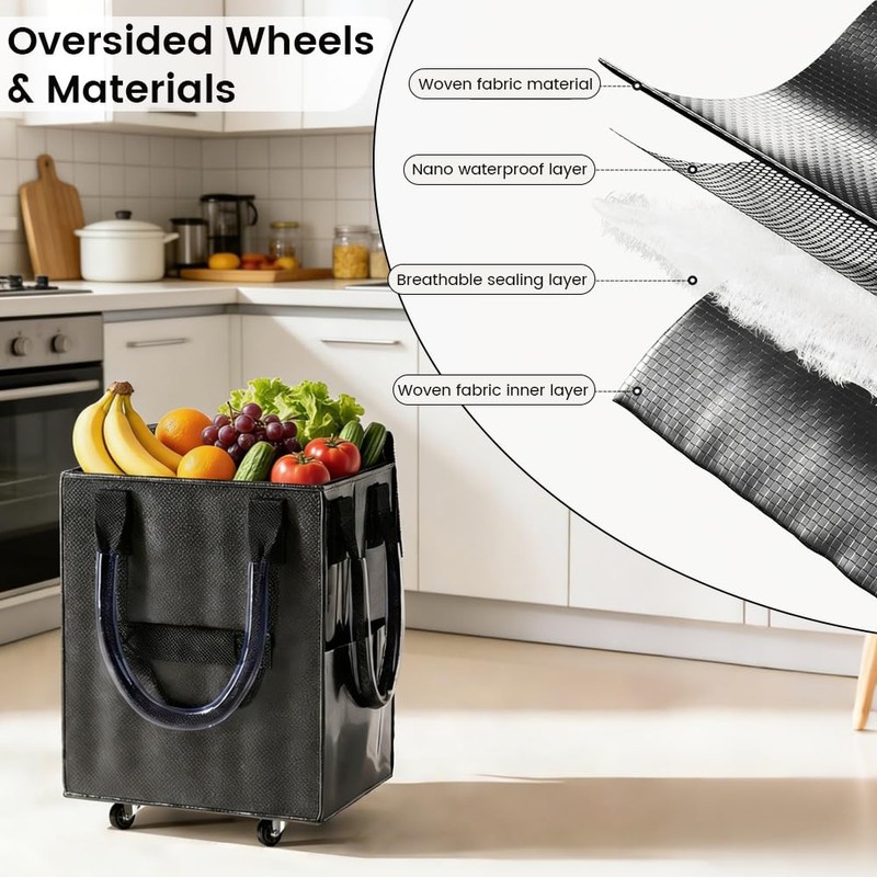 Dexmary Rolling Tote Bag on 4 Wheels, Reusable Grocery Bag