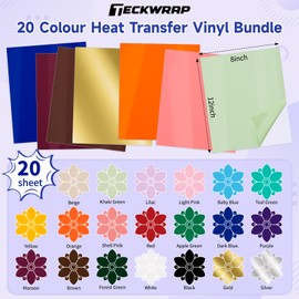 TECKWRAP HTV Vinyl Bundle 20 Sheets Heat Transfer Vinyl Bundle 12''x 8'' Iron on Vinyl Sheet for T-Shirts, Clothes, Hats, Bags and Other Textiles