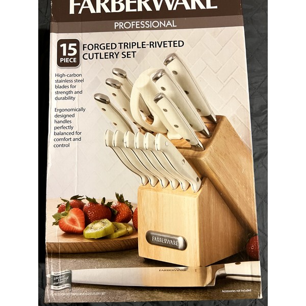 Farberware Professional 15-Pc. White Handle Cutlery Block Set New
