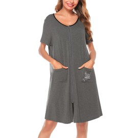 SWOMOG House Coat Womens Zipper Front Bathrobe Short Sleeve Housedress Modal Nightgowns with Pockets Summer Zipped Loungewear