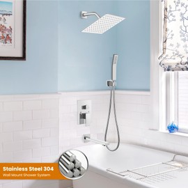 gotonovo Shower System with Tub Spout Wall Mounted Rain Shower Head and Handle Combo Shower Faucet Set with Valve, 8 Inch, Polish Chrome