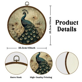 KLYTINK Vintage Peacock Round Wall Art,Canvas Prints with floral Design, Rustic Bird Hanging Wall Decor for Living Room, Bedroom, Farmhouse or Gallery Space,10"x10" (Peacock)