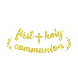 First Holy Communion Banner, Christening Baby Shower Decorations, Baptism Banner for Boy/Girl, Wedding/Bridal Shower/Bachelorette Party Decoration Gold Glitter