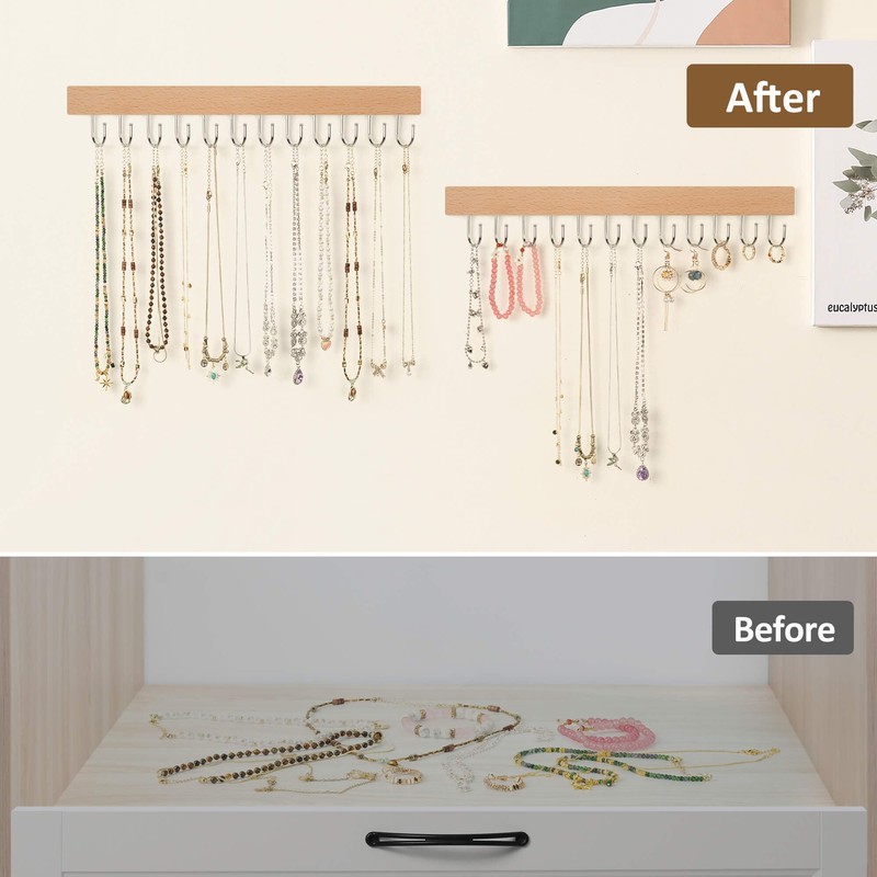 ZEDODIER 2 Pack Necklace Organizer Wall Mount, Wooden Jewelry Hanger