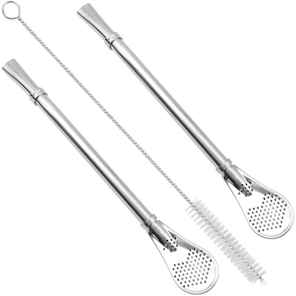 GFDesign Yerba Mate Bombilla Gourd Drinking Filter Straws 304 Food-Grade 18/8 Stainless Steel - Set of 2 with Cleaning Brush - 6.1" Long