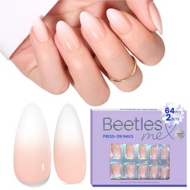 Beetles Ombre Nails: 64Pcs Press On Nails Short Almond Nude Pink Ombre French Nail Tips Kit Fit Perfectly Nail, Pre-Applied Primer, and Base Coat with Super-Hold Nail Glue for Nail Extension Designs