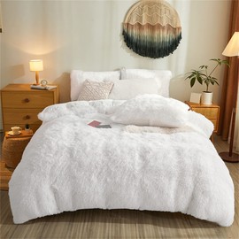 Faux Fur Fluffy White Comforter Cover Set,Ultra Soft Faux Fur Duvet Cover Bedding Sets Queen 3 Pieces with Pillow Cases, White Bed Set Zipper Closure (White, Queen)