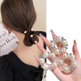 Pearl spring telephone cord hair tie / 진주 스프링 전화선 헤어 머리끈