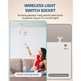 DEWENWILS Remote Control Light Socket, Wireless Light Switch for Pull Chain Light Lamp Fixtures, 100FT Range, No Wiring Needed, ETL Listed(1 Wall Mounted Controller+1 Bulb Base, Shorter Version)