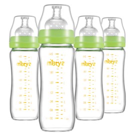 Matyz Glass Breastmilk Baby Feeding Bottle with Nipple, 4 Pack, 8 oz Slim and Light Bottle Easy to Hold, Food Grade Borosilicate Glass, Wide Neck Easy to Clean, No BPA (Green Lids)